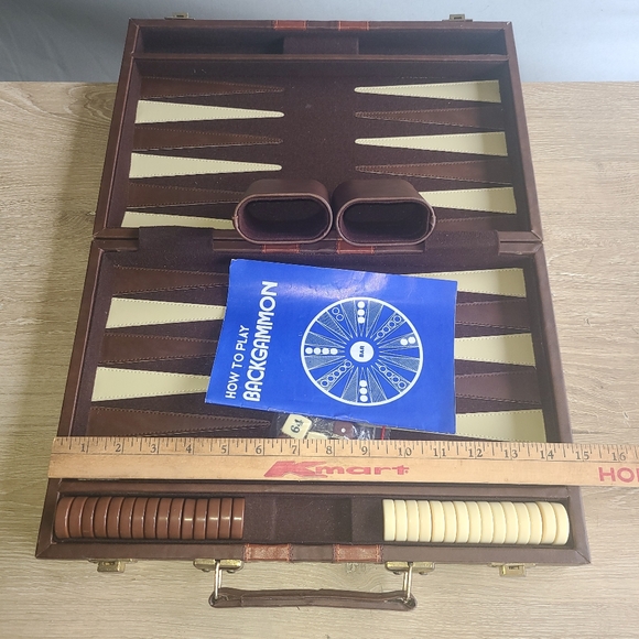 Vintage Backgammon Set Travel Board Game Brown Faux Leather Case Handle 15x10” - Picture 10 of 11